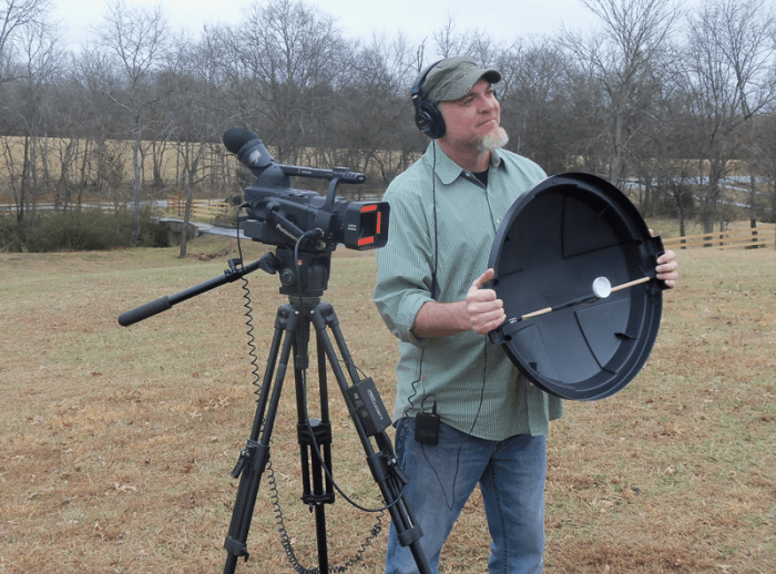 A parabolic microphone used on the sidelines