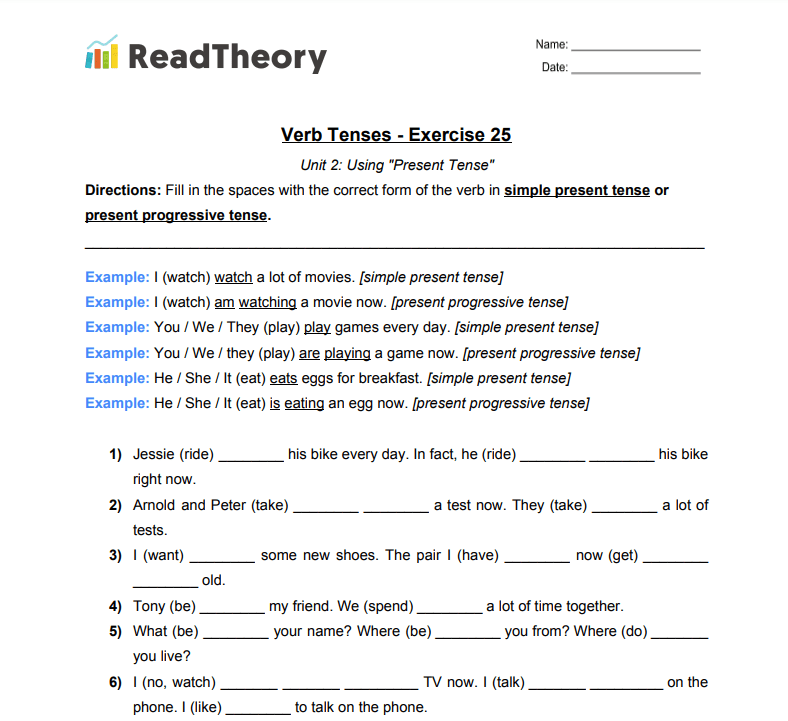 Worksheet 8.16 present progressive tense